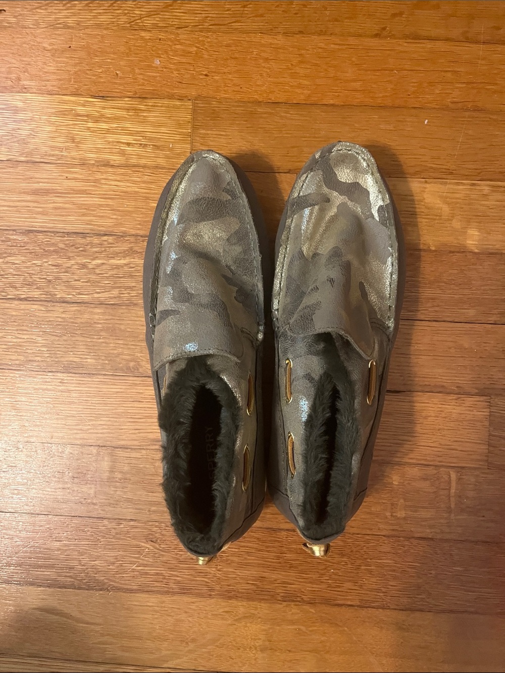 Sperry Metallic Camouflage Moc- Slider  Slip-On Loafers in Taupe and Gold